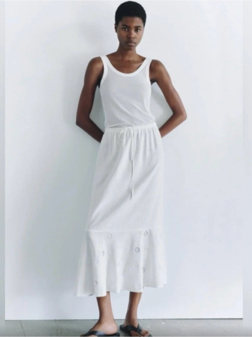Zara White Eyelet Hem Midi Skirt